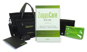 Compact ZaggoCare Kit displayed, featuring essential healthcare resources and tools for patient care management, including guides and organizational aids, in a neat, portable package.